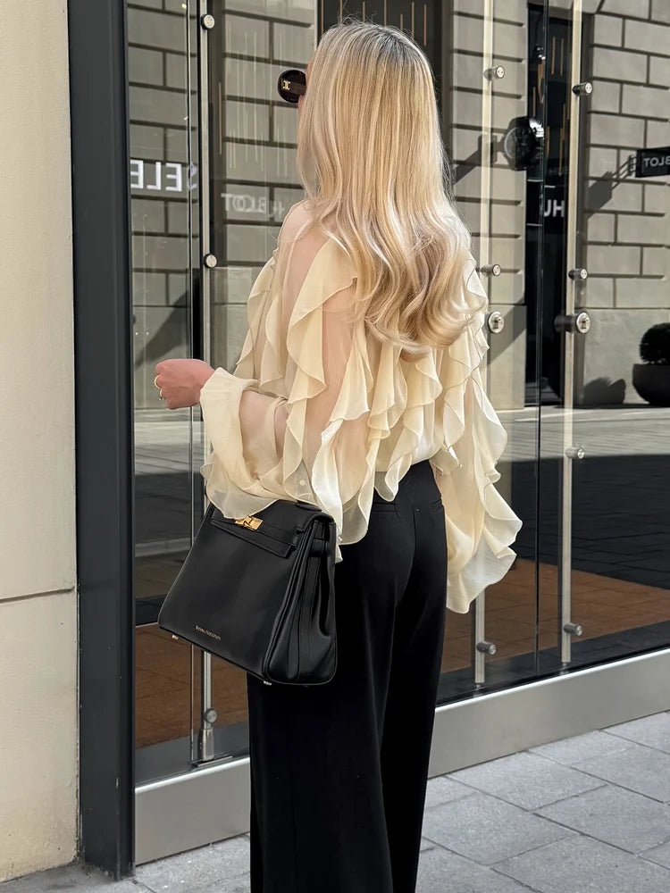 Chic Translucent Blouse with Layered Gauze and Ruffle Detail