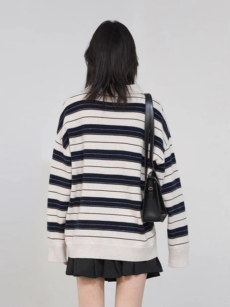 Striped Polo Collar Sweater Casual Knit Pullover Loran