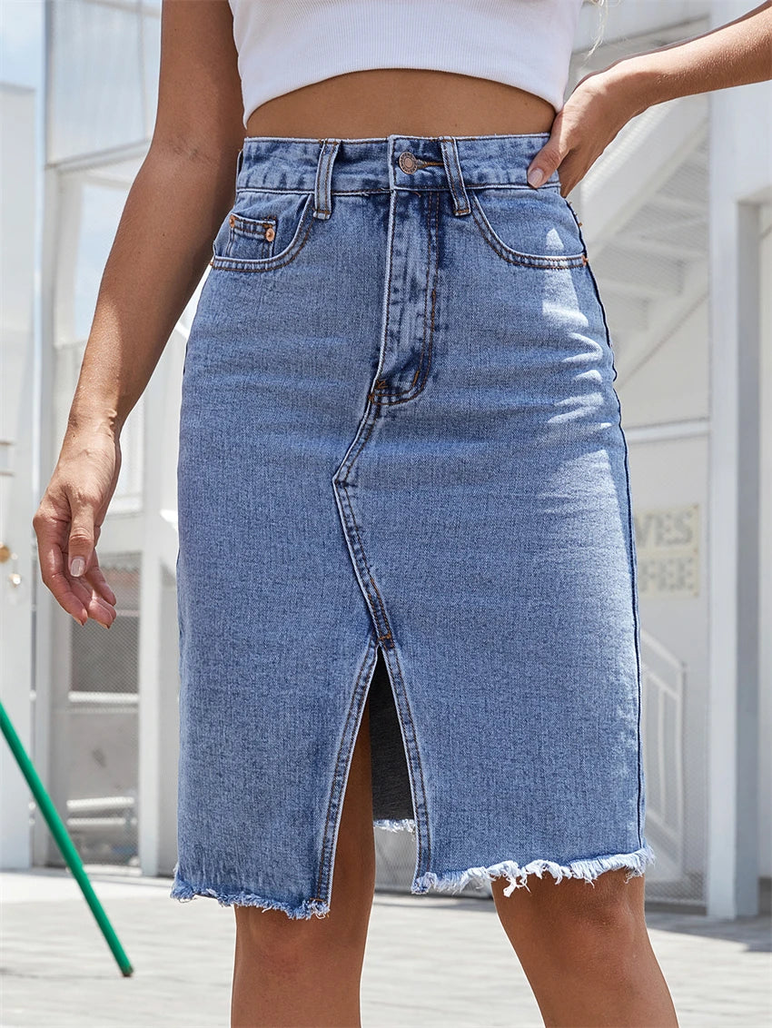 Front Slit Blue Denim Skirt Pockets - 3IN SMART Shop  #