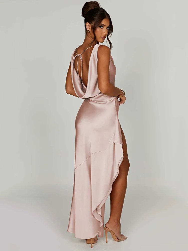 Satin Backless Ruffle Maxi Dress - 3IN SMART Shop  #