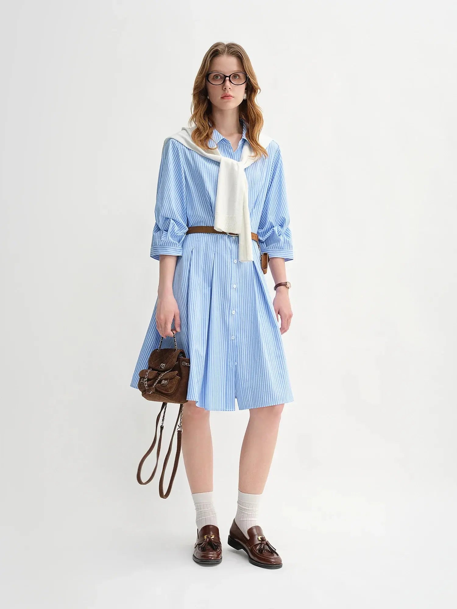 Waist-Defined Pleated Shirt Dress in Blue and White Stripe - Loran