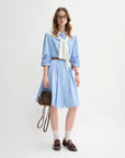 Waist-Defined Pleated Shirt Dress in Blue and White Stripe