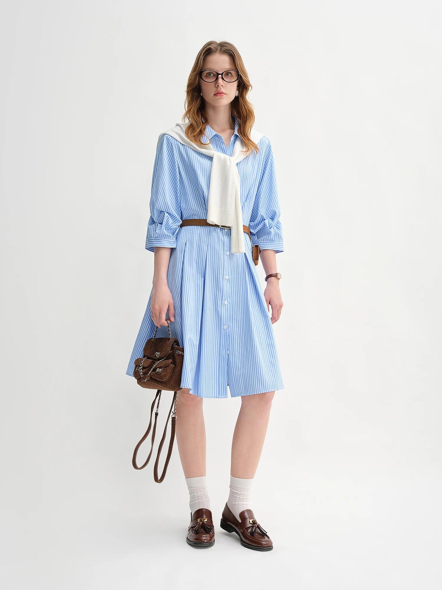 Blue & White Striped Pleated Shirt Dress