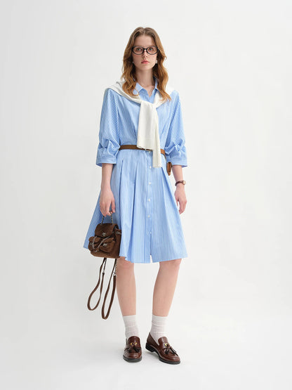 Blue & White Striped Pleated Shirt Dress
