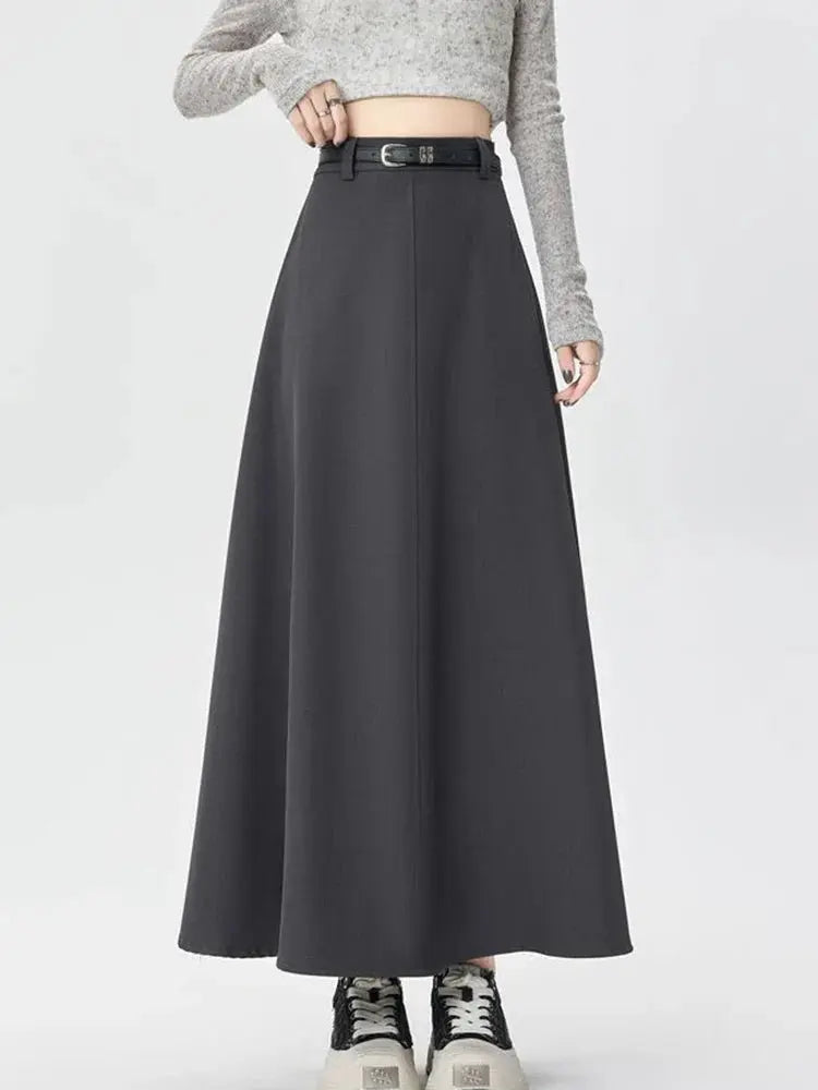 High-Waist A-Line Pleated Midi Skirt with Tie Belt - Loran