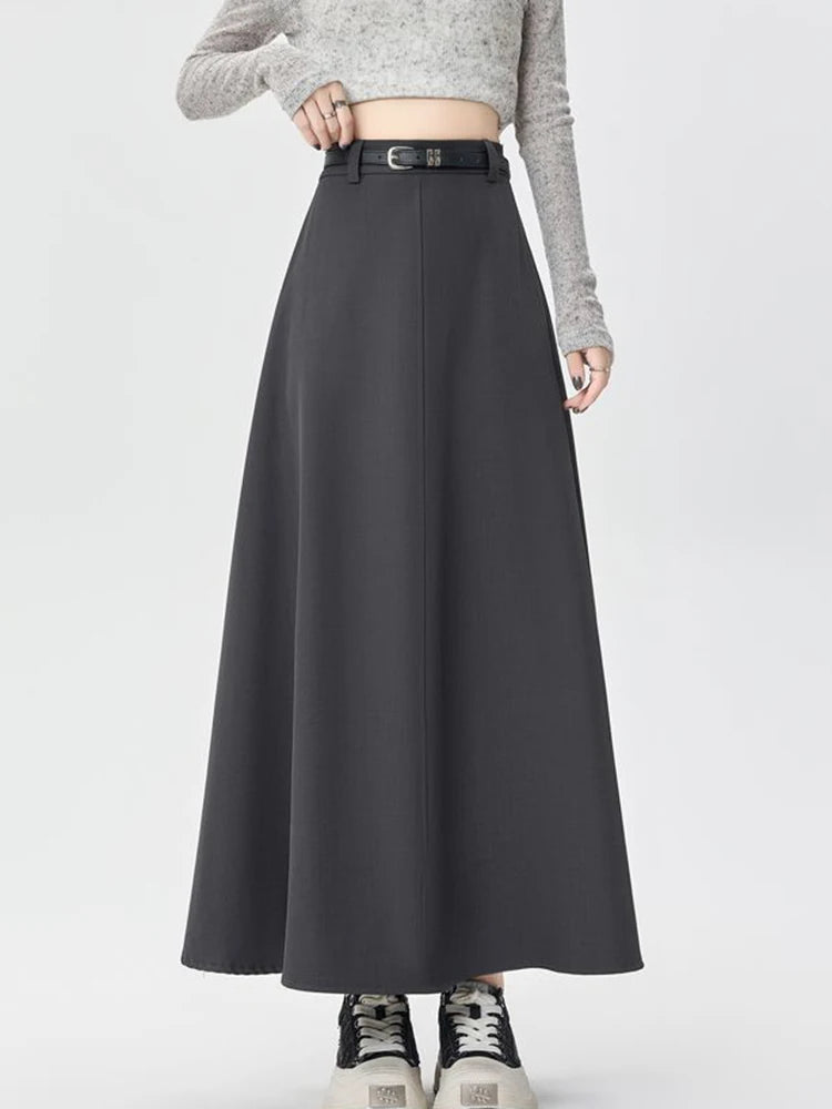 High-Waist A-Line Pleated Midi Skirt with Tie Belt