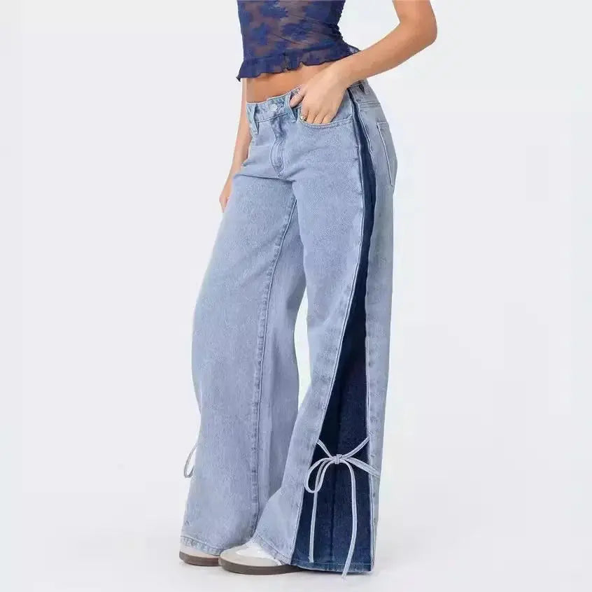 Patchwork Lace-Up Wide-Leg Trousers