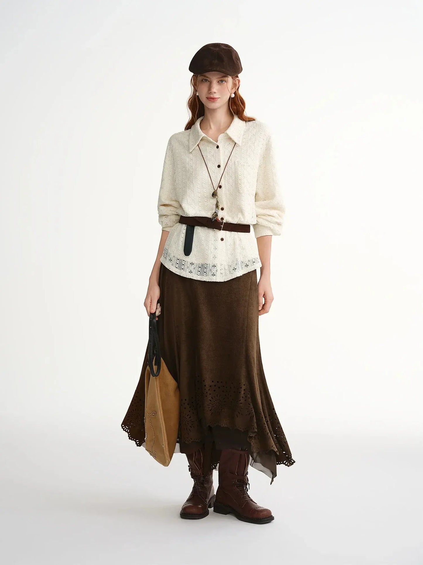 Soft French Style Commuting Top with Hollow Out Embroidery - Loran