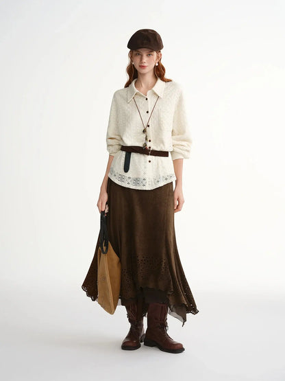 Soft French Style Commuting Top with Hollow Out Embroidery - Loran