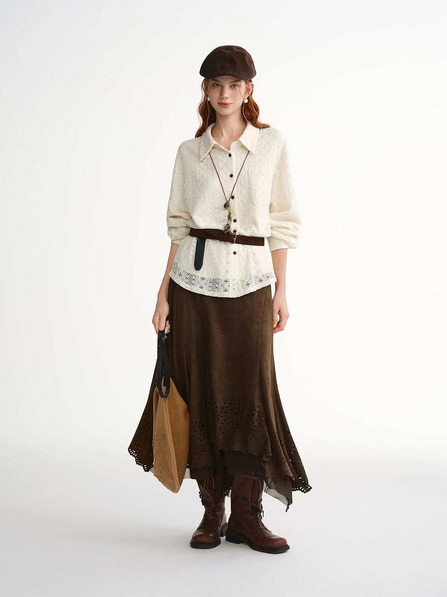 Soft French Style Commuting Top with Hollow Out Embroidery
