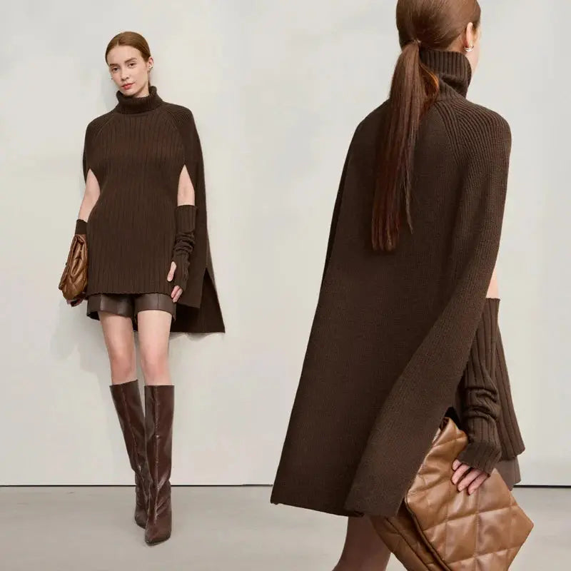 Chic Turtleneck Knit Sweater Cape | Solid Winter Pullover - Loran