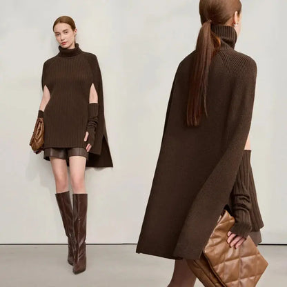 Chic Turtleneck Knit Sweater Cape | Solid Winter Pullover - Loran