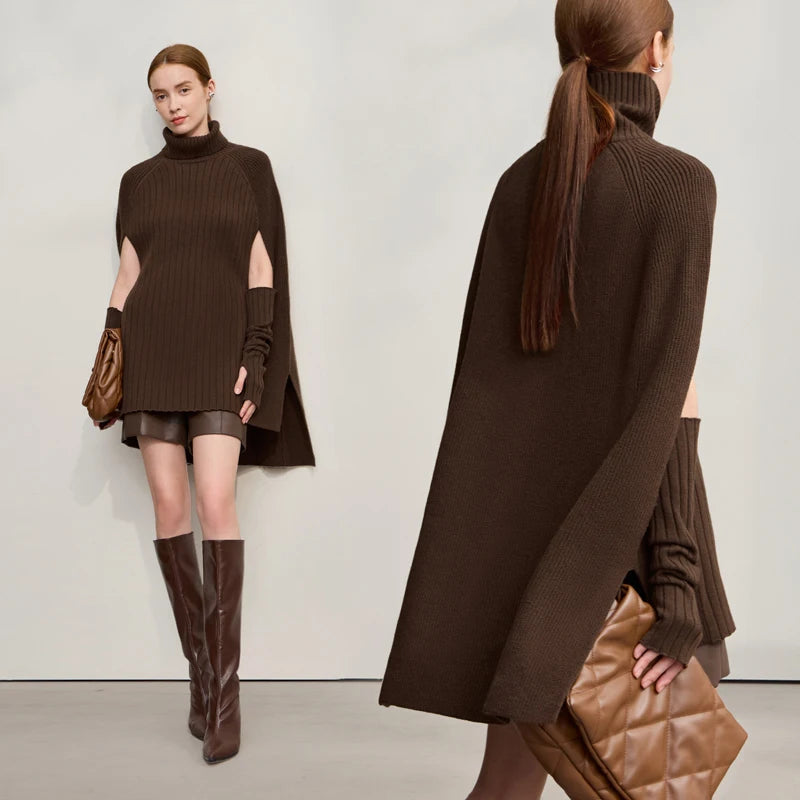 Chic Turtleneck Knit Sweater Cape | Solid Winter Pullover