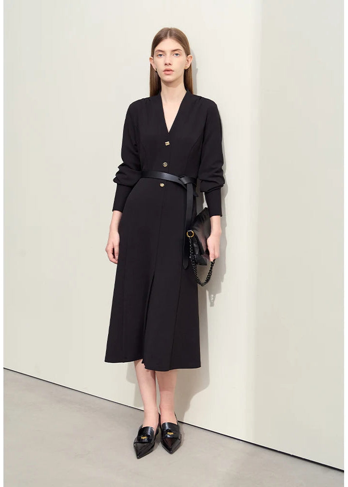 Amii Minimalism 2025 Women Dresses Autumn New Elegant V-neck Buckle Waist Fashion Office Lady Slim Long Dress Female 12443046 Loran