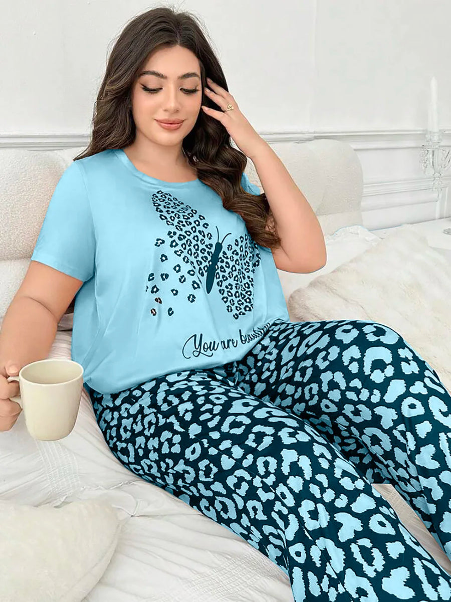 Plus size short-sleeved crew neck set pajamas