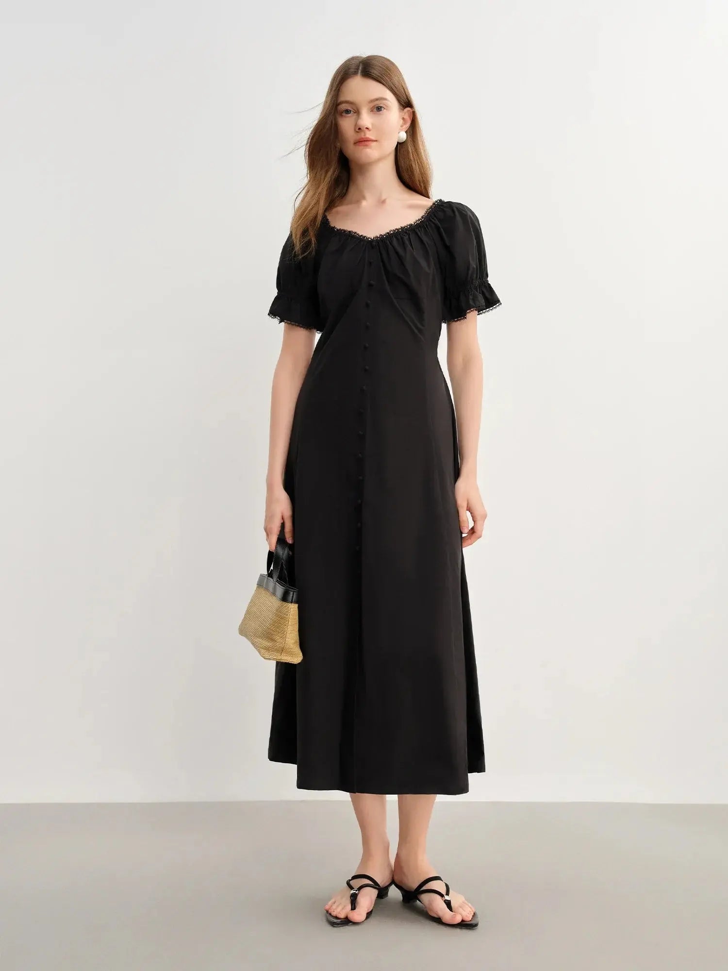 Elegant French Style Plus Size Summer Dress with Lace Collar - Loran