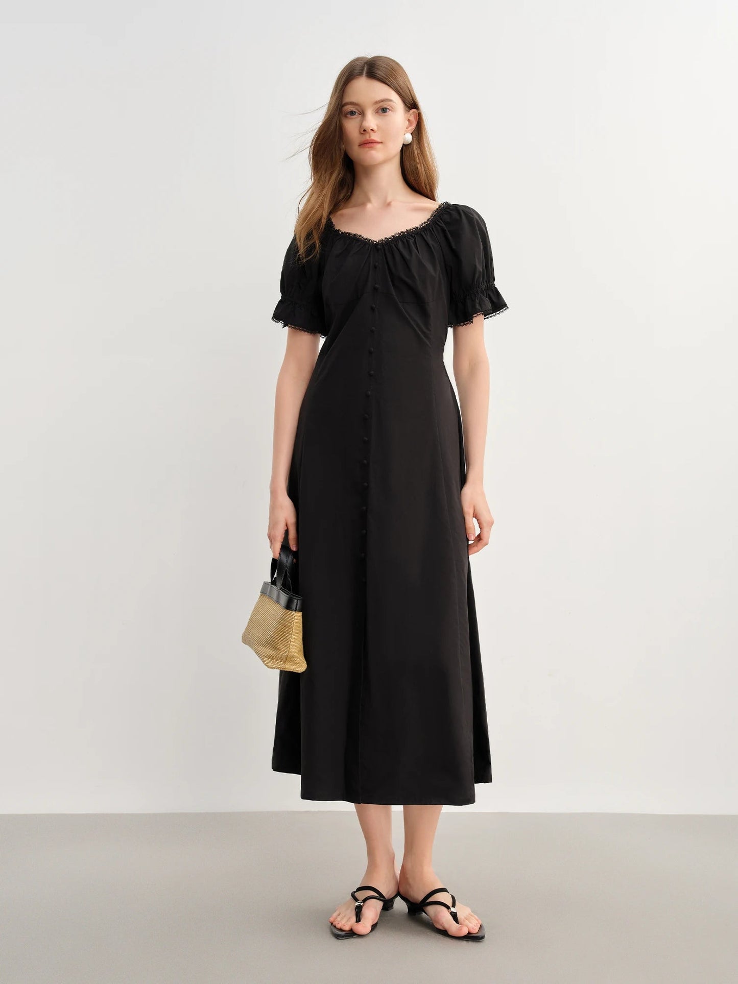 French Style Plus Size Lace Collar Dress Summer Puff Sleeve Loran
