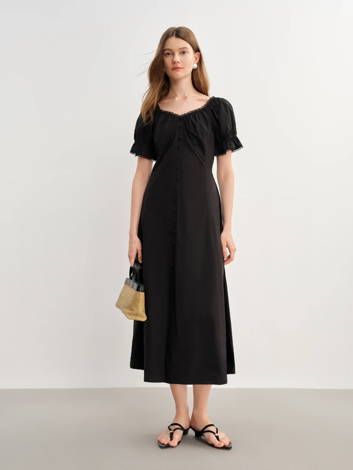 French Style Plus Size Lace Collar Dress Summer Puff Sleeve Loran