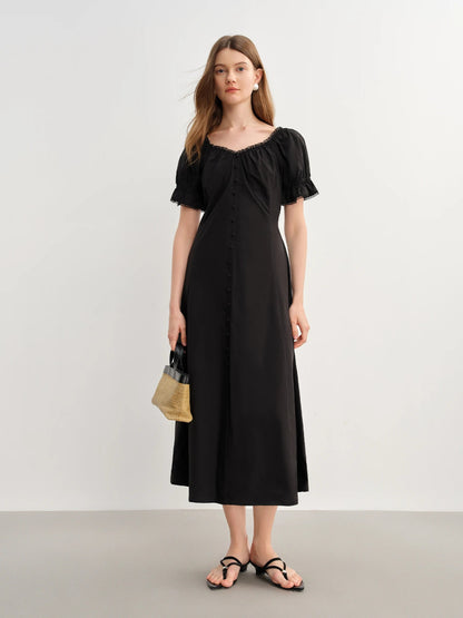 French Style Plus Size Lace Collar Dress Summer Puff Sleeve Loran