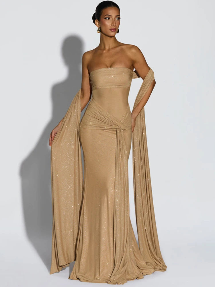 Sparkle Strapless Ruched Long Party Dress