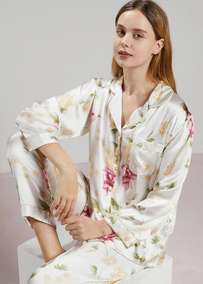 19MM 100% Mulberry Silk Pajamas Women Silk Sleepwear Lady Long-sleeved TrousersTwo-piece Spring Summer  Loose Sexy Home Clothes Loran