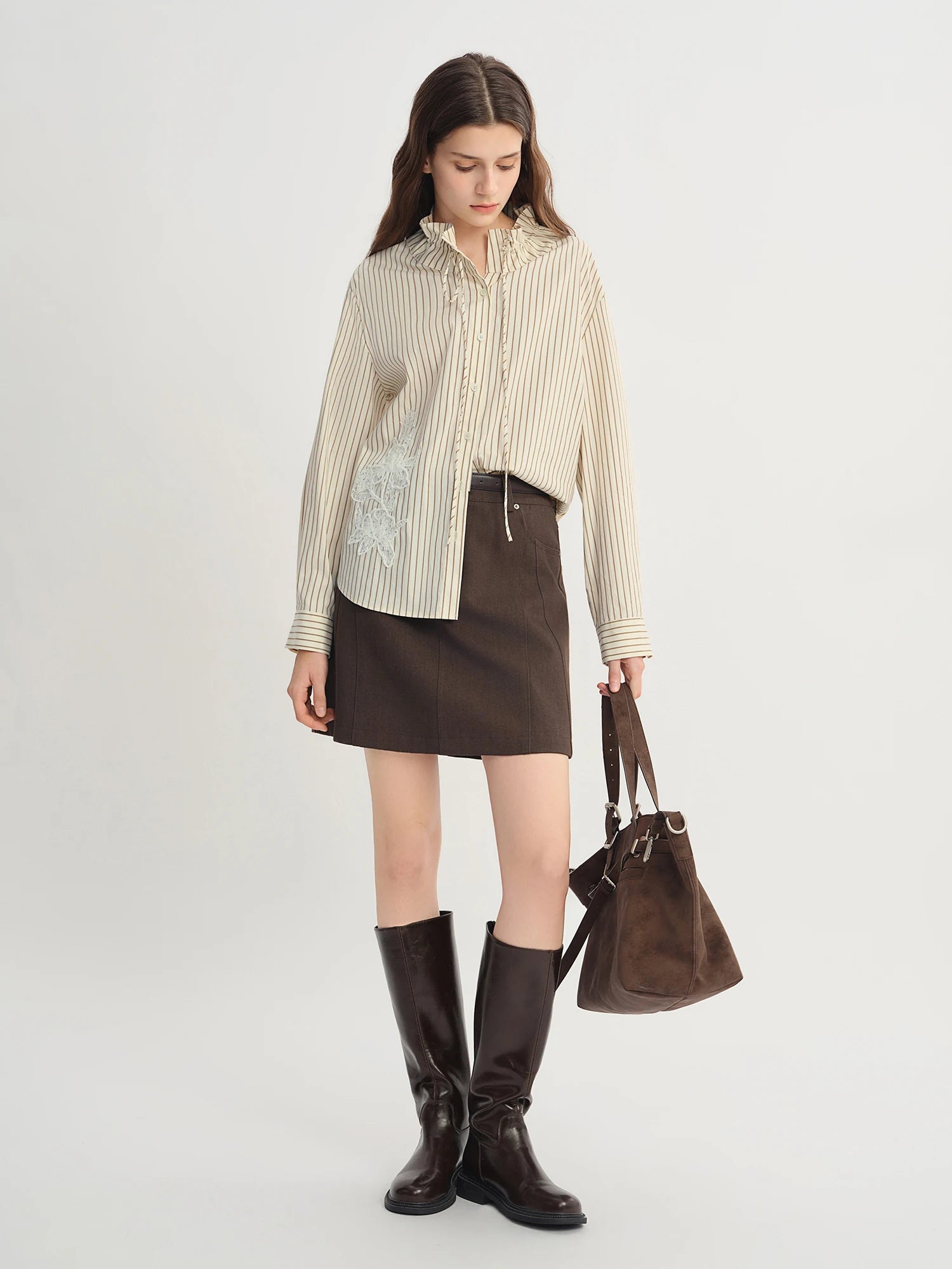 Plus Size Striped Ribbon Shirt Chic Lace Patch Autumn