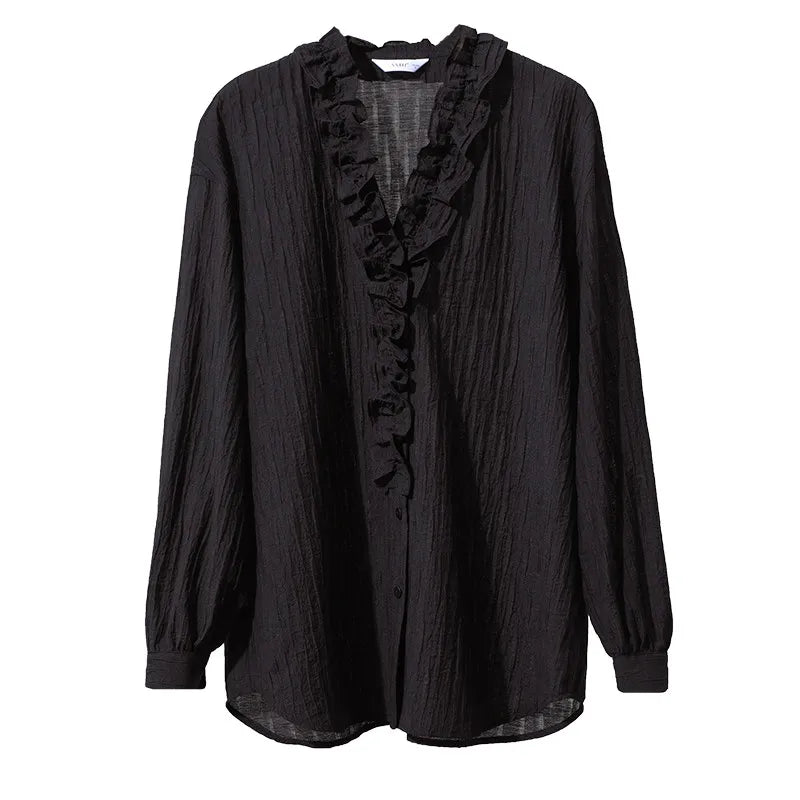 Amii Women Shirt 2026 Spring New Romantic Ruffles V-Neck Pullover Shirt Elegant Loose Long Sleeve Women's Blouses 12641123 Loran