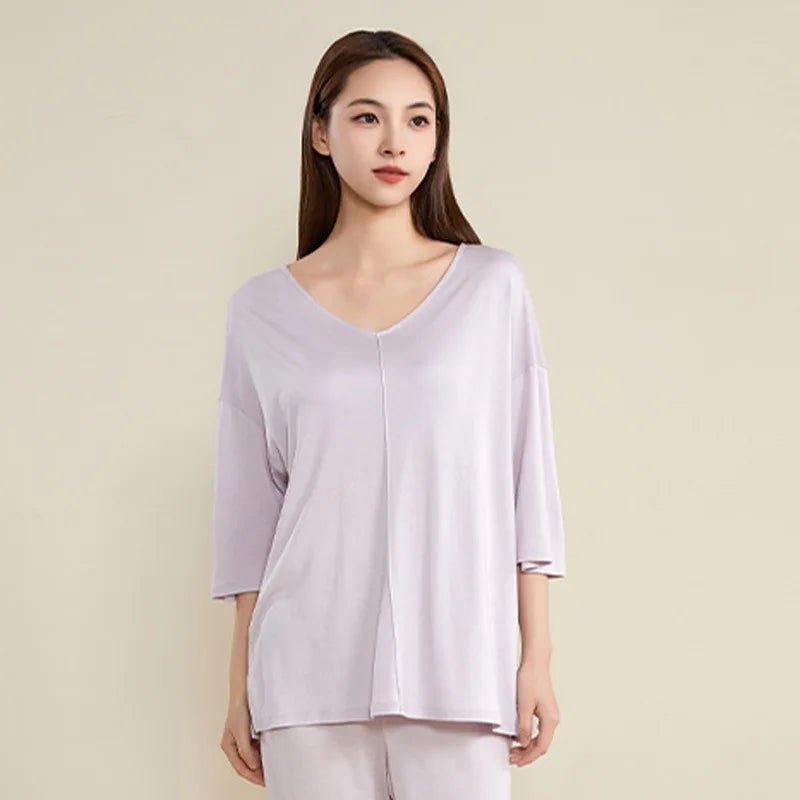 Spring Autumn 100% Mulberry Silk Women's Pajama Set Long Sleeve & Long Pants Loungewear PJs Breathable Comfortable Sleepwear Loran