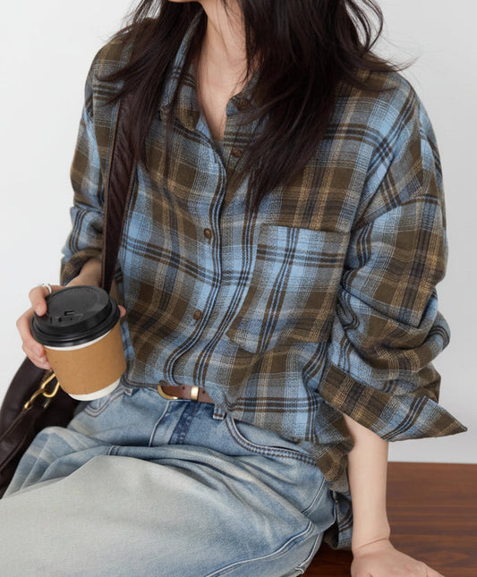 Women’s Long Sleeve Plaid Shirt Coat Loose Casual Blouse Loran