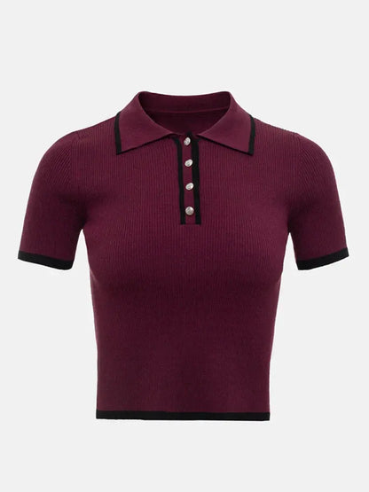 Contrast Patchwork Knit Top with Lapel Collar - Loran