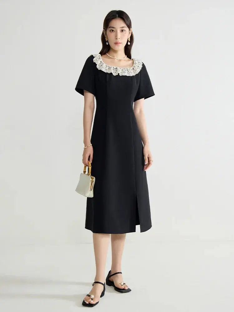 Elegant Black Lace Short Sleeve Long Dress Loran