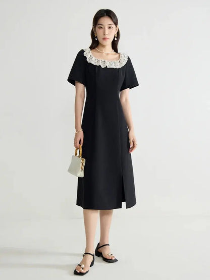 Elegant Black Lace Short Sleeve Long Dress Loran