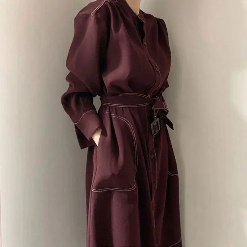 Casual-Chic Stand Collar Straight Dress with Tie Sash - Loran