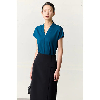 AMII Minimalism 2025 Summer Women's T-shirt Classic Style Casual V-neck Short Sleeve Solid Stretch Female Tops & Tees 12312013 Loran