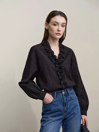 Amii Women Shirt 2026 Spring New Romantic Ruffles V-Neck Pullover Shirt Elegant Loose Long Sleeve Women's Blouses 12641123 Loran
