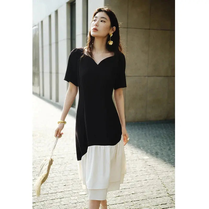Elegant Contrast Fishtail Mini Dress for Summer Parties - Loran