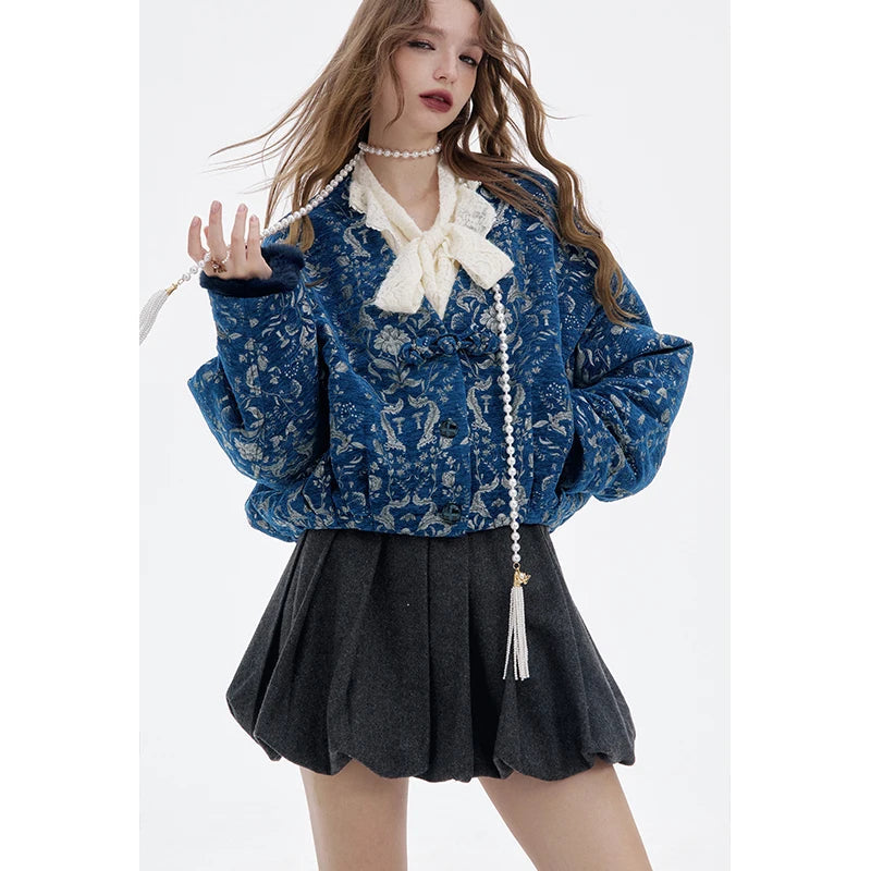 Women’s Retro Gothic Winter Coat Blue Silver Embroidery Loran