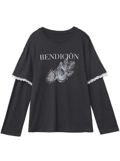 CHIC VEN Women T-Shirts O Neck Cotton Loose Casual New Patchwork Lace Letter Tees Female Long-sleeved Top Spring Summer 2025 Loran