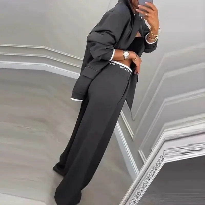 The Power Set: Solid Button Blazer and Straight-Leg Pant Suit - Loran