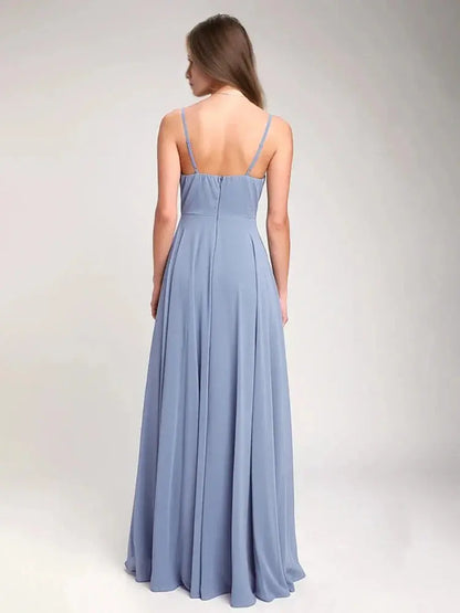 Deep V-Neck Blue Satin Floor-Length Prom Gown - Loran