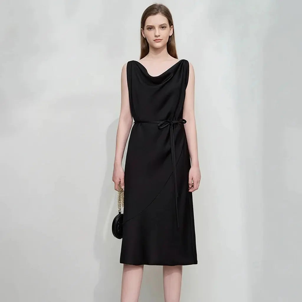 Elegant Black Swing Neck Midi Dress with Thin Belt - Loran