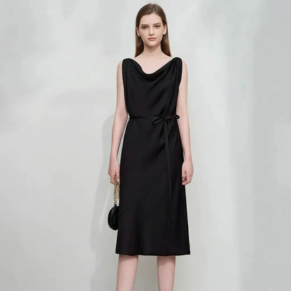 Elegant Black Swing Neck Midi Dress with Thin Belt - Loran
