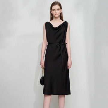 Elegant Black Swing Neck Midi Dress with Thin Belt