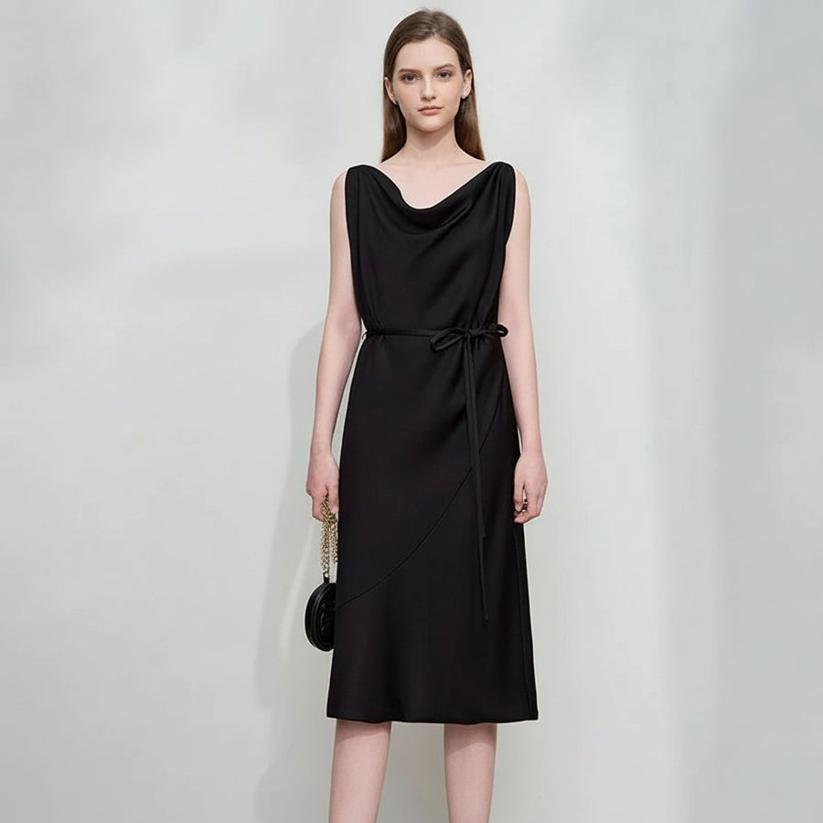 Elegant Black Swing Neck Midi Dress with Thin Belt