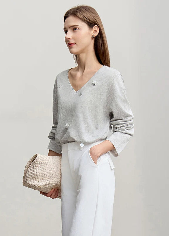 Amii Women's Long Sleeve Top 2026 Spring New V-neck Loose T-shirt Women's Cotton Knitted Tees Pullover Versatile Top 12641011 Loran