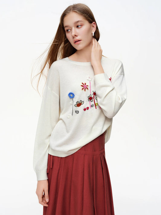 DUSHU 2026 Spring Women‘s Floral Embroidery Knit Sweater, Cottagecore Round Neck Blouse, Y2K Cropped Lace Trim Top Chic Sweater Loran