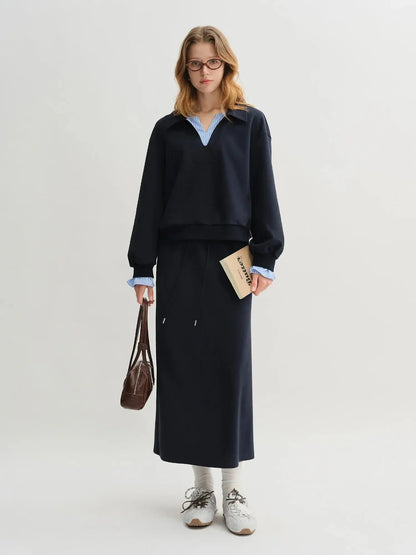 Plus Size Navy Blue Sweater Skirt Set - Long Sleeve Autumn Fashion - Loran