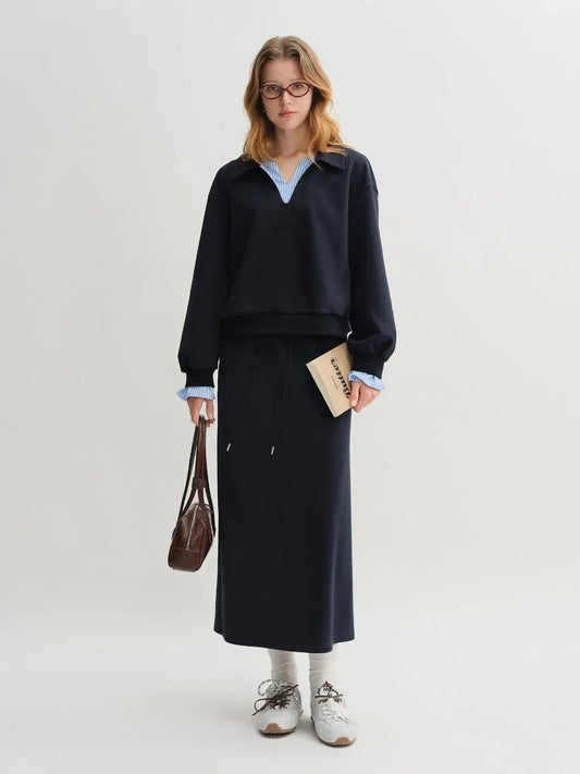 Plus Size Navy Blue Sweater Skirt Set - Long Sleeve Autumn Fashion - Loran