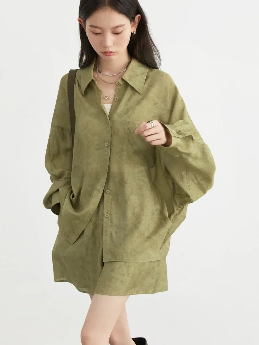 Relaxed Lapel Shirt & Shorts Set: Perfect Autumn Print