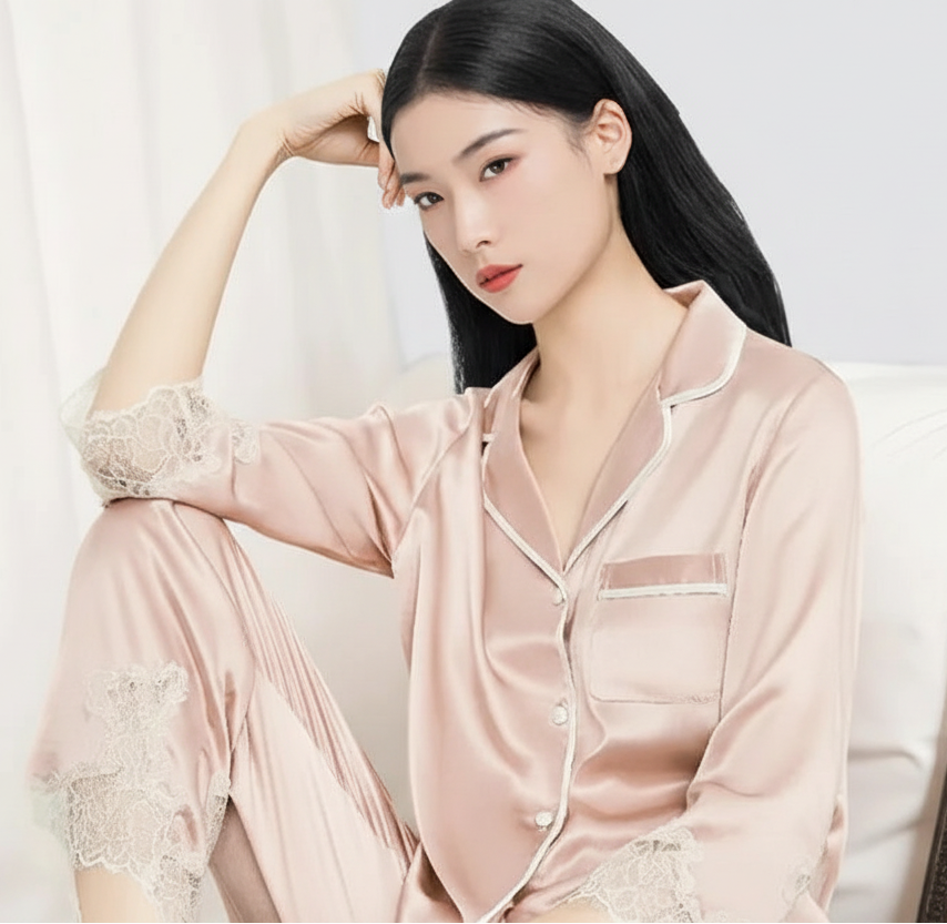 Mulberry Silk Pajama Set with Lace Trim 3-Piece Loungewear